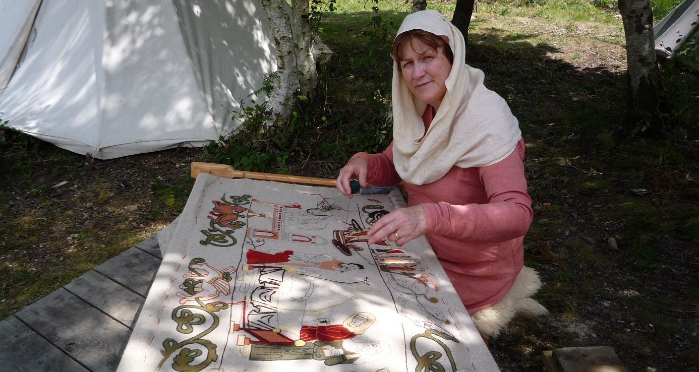 The original panel 10 being embroidered at Wychurst  &ndash; &copy;&nbsp;Malcolm&nbsp;Butler,&nbsp;June&nbsp;2014