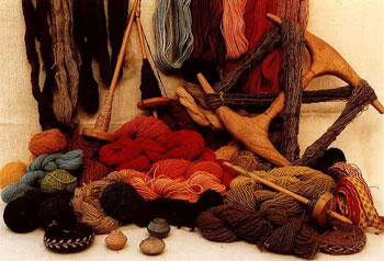 * Dyed wool, Splindles and a Niddy-noddy